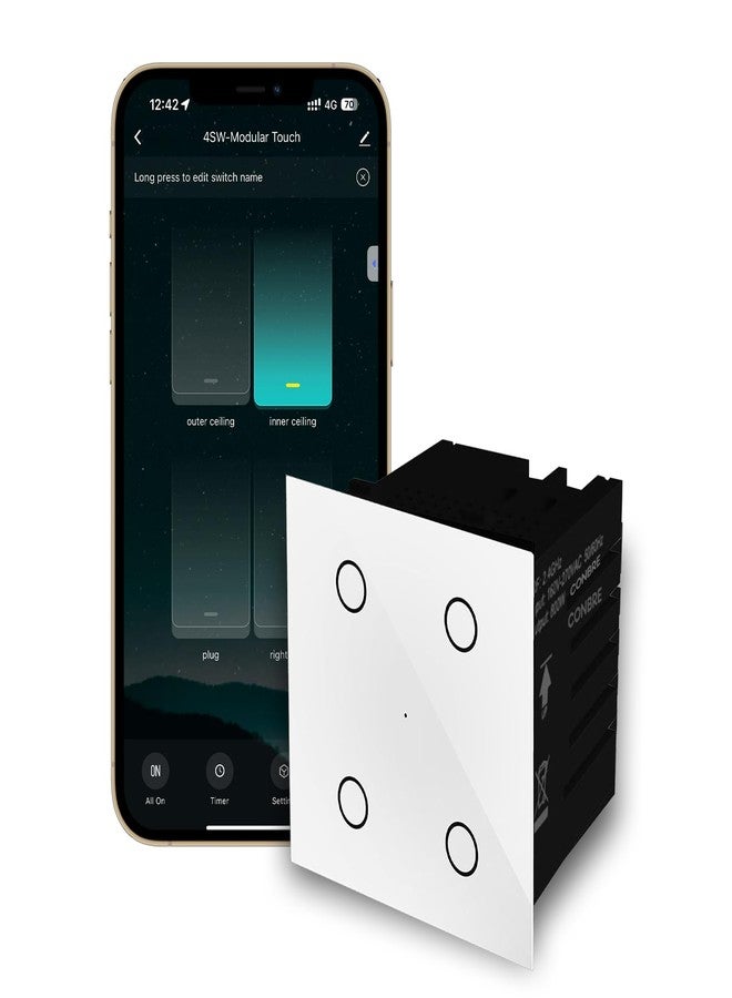 Conbre مفتاح CONBRE SW4 الذكي بتقنية Wi-Fi، رباعي الأزرار، يعمل باللمس، لأتمتة المنزل، ومراقبة استهلاك الطاقة، والتحكم عن بُعد | مناسب للمراوح، والإضاءة، ومقابس 10 أمبير | متوافق مع Alexa، ومساعد جوجل، وSiri (أبيض) - Image 1